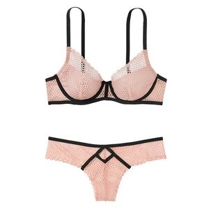 2PC set Victoria’s Secret fishnet pink black padded plunge bra panty 36C/XL